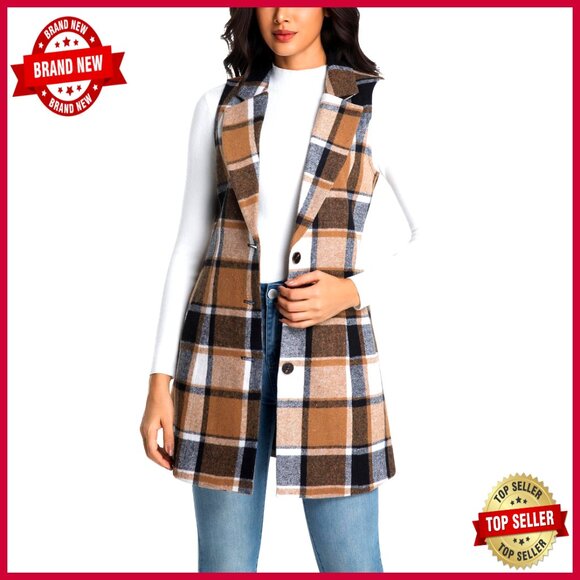 Long Wool Plaid Vest Sleeveless Blazer Jacket Trench Coat Women's
